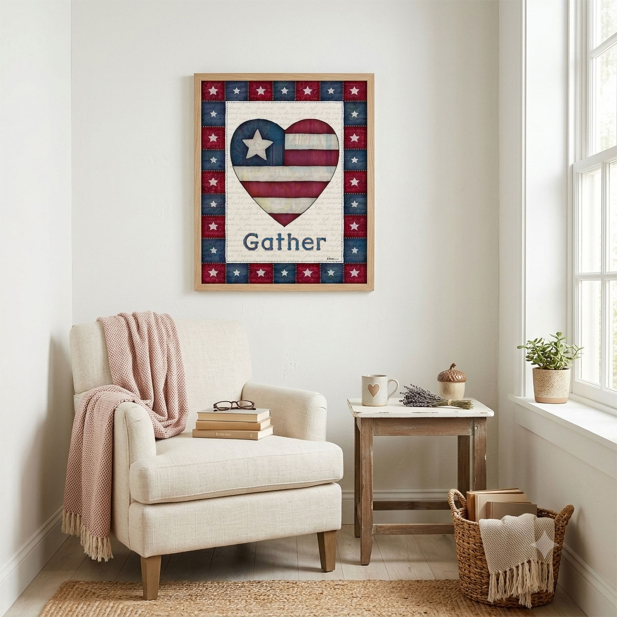 Photo showing a framed print of an American flag graphic inside of a heart with the word Gather below it.