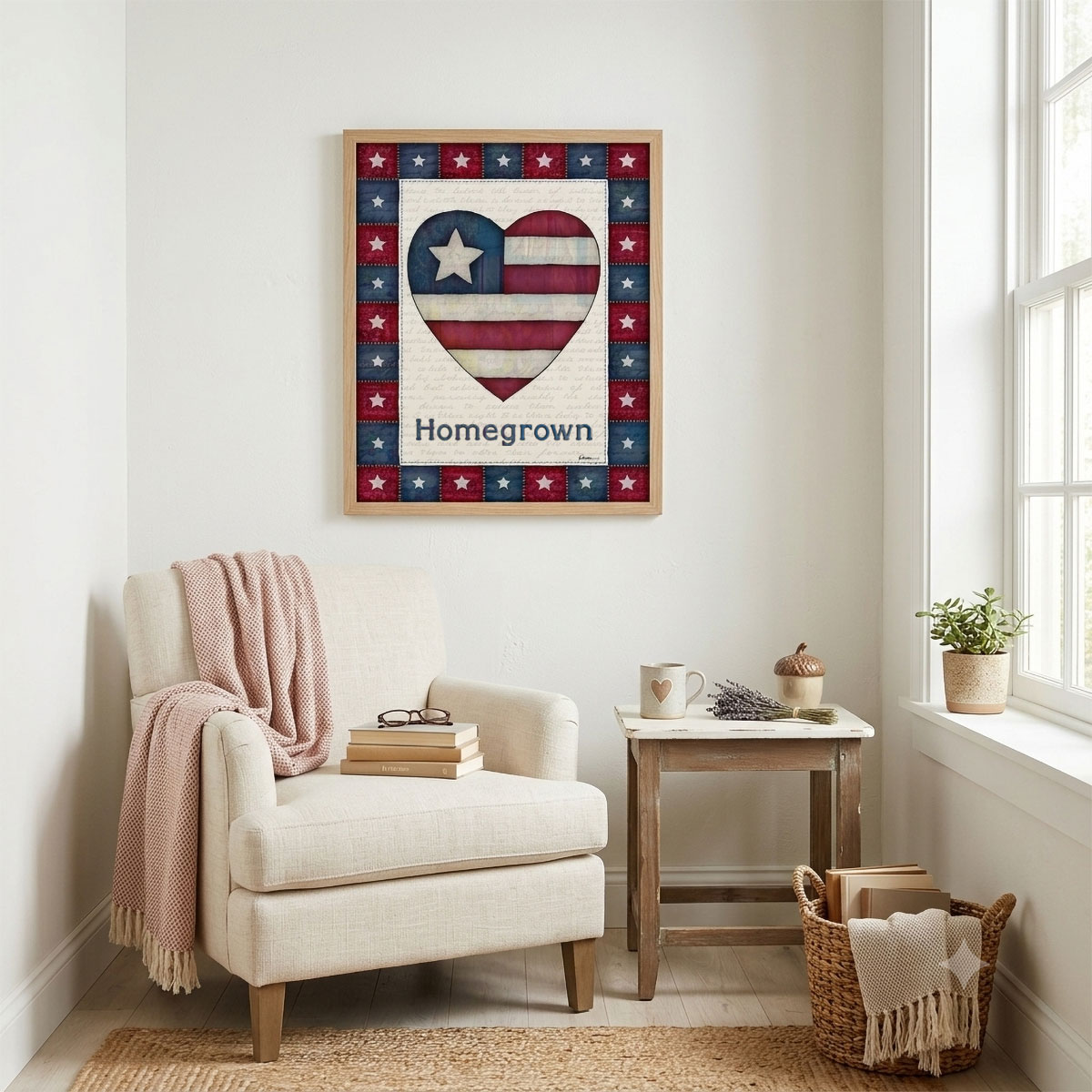 Photo showing a framed print of an American flag graphic inside of a heart with the word Homegrown below it.