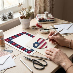 Photo showing a framed print of an American flag graphic inside of a heart.