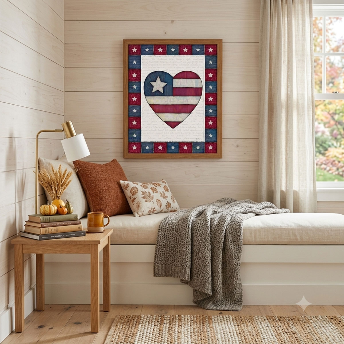 Photo showing a framed print of an American flag graphic inside of a heart.