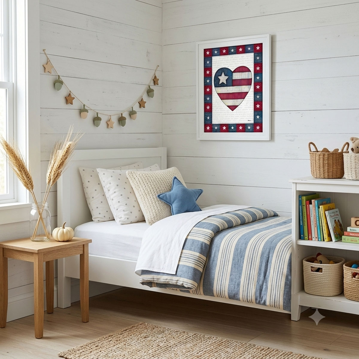 Photo showing a framed print of an American flag graphic inside of a heart.