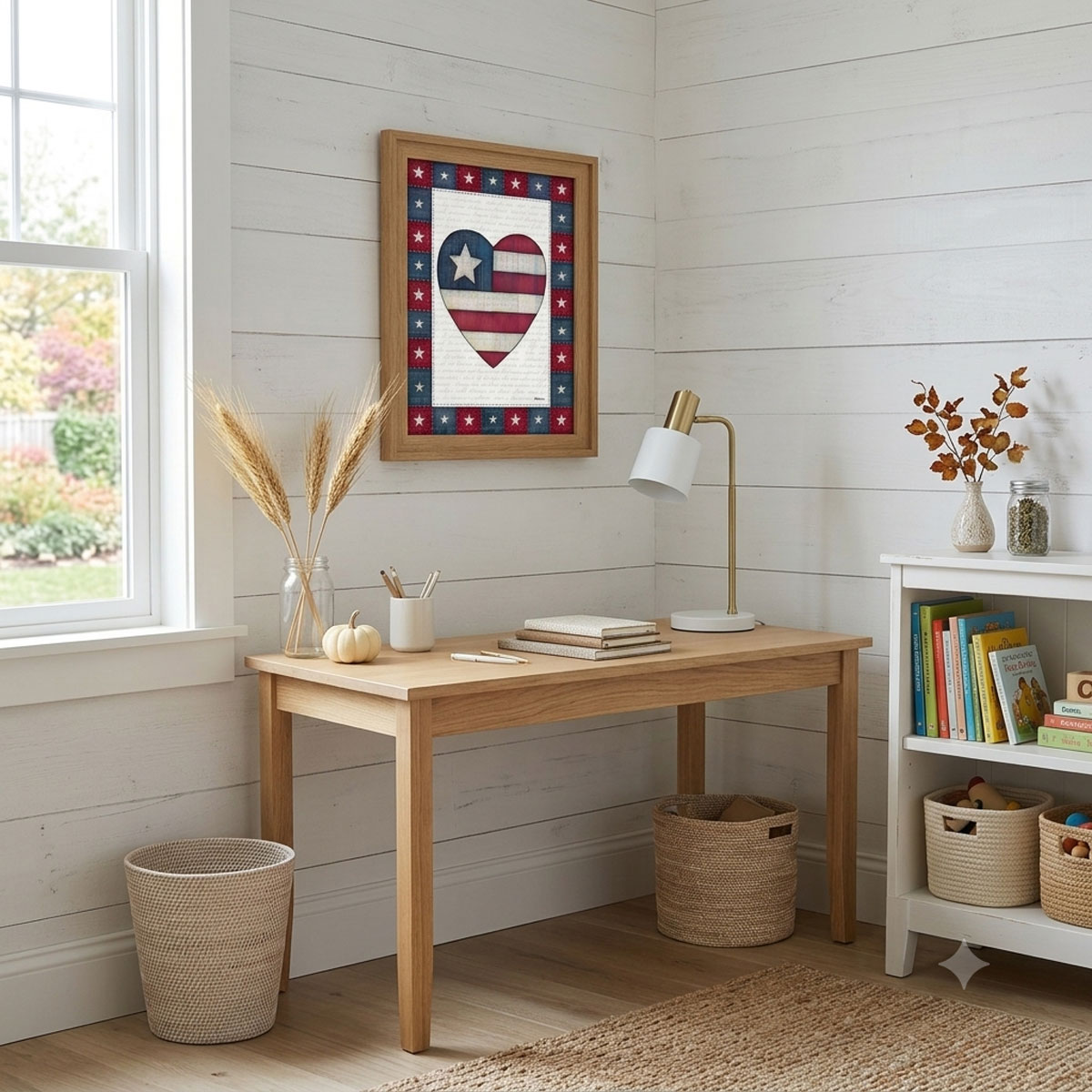 Photo showing a framed print of an American flag graphic inside of a heart.