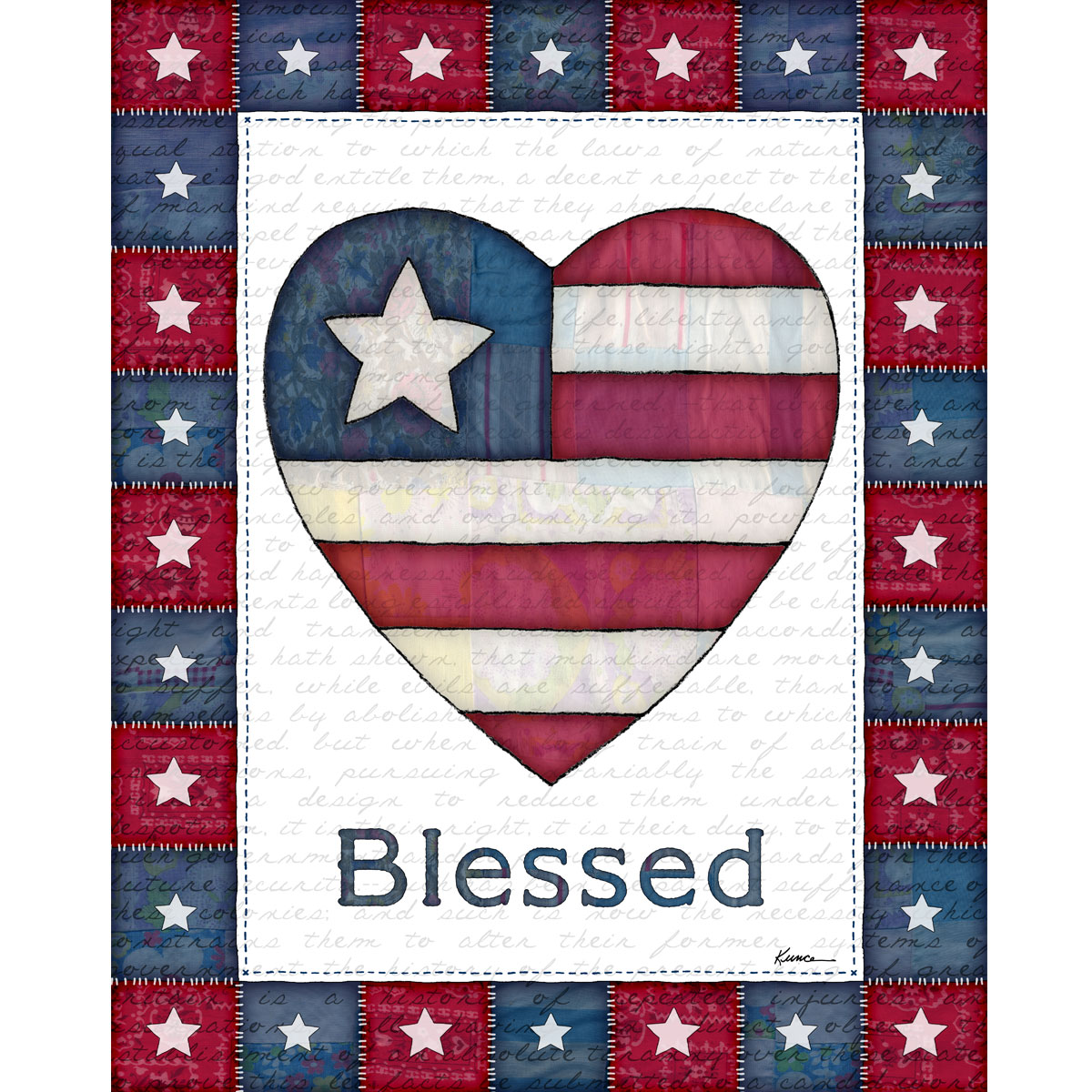 Patriotic Wall Art Printable - Blessed Americana Heart with quilted stars and red white blue fabric texture.
