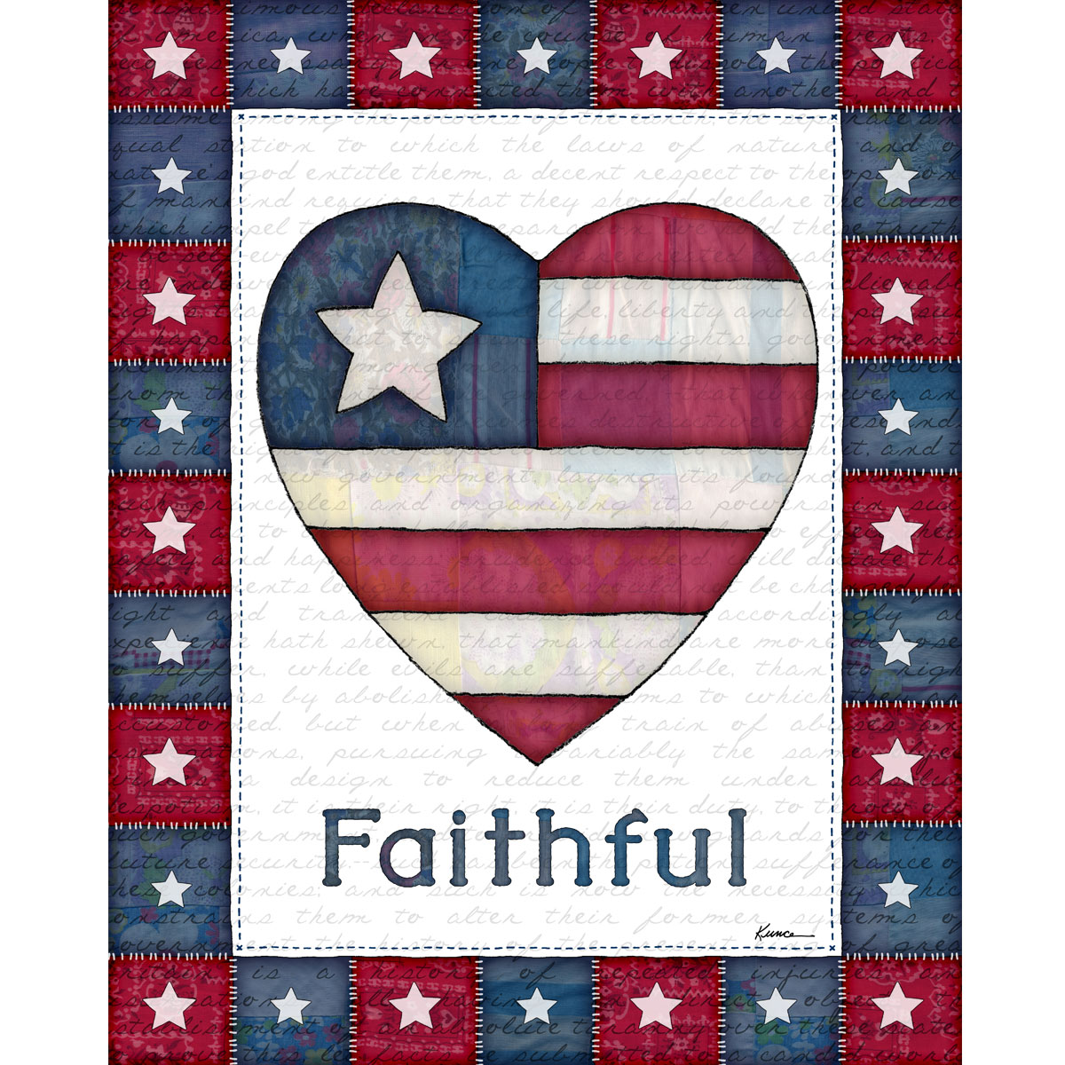 Patriotic Wall Art Printable - Faithful Americana Heart with quilted stars and red white blue fabric texture.