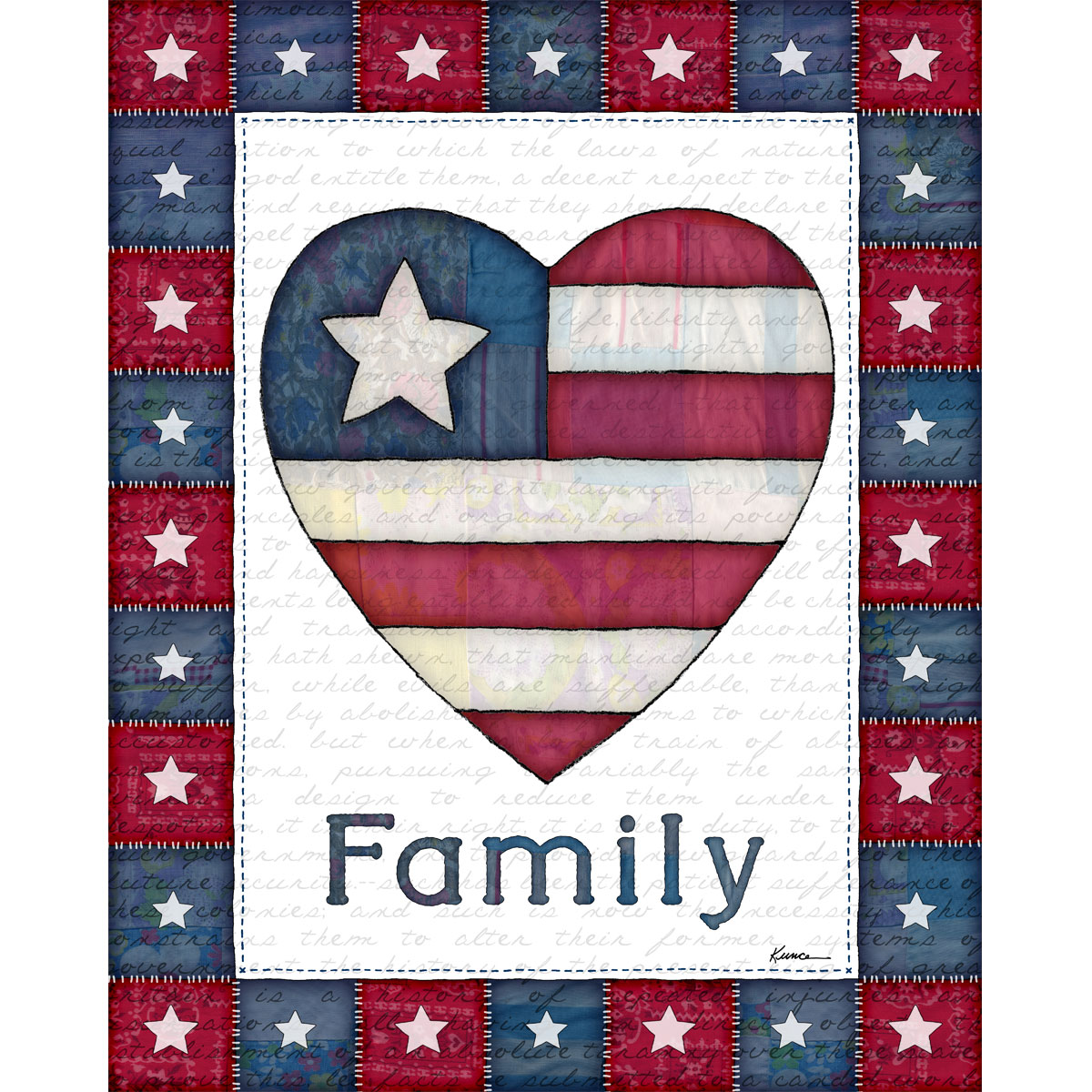 Patriotic Wall Art Printable - Family Americana Heart with quilted stars and red white blue fabric texture.