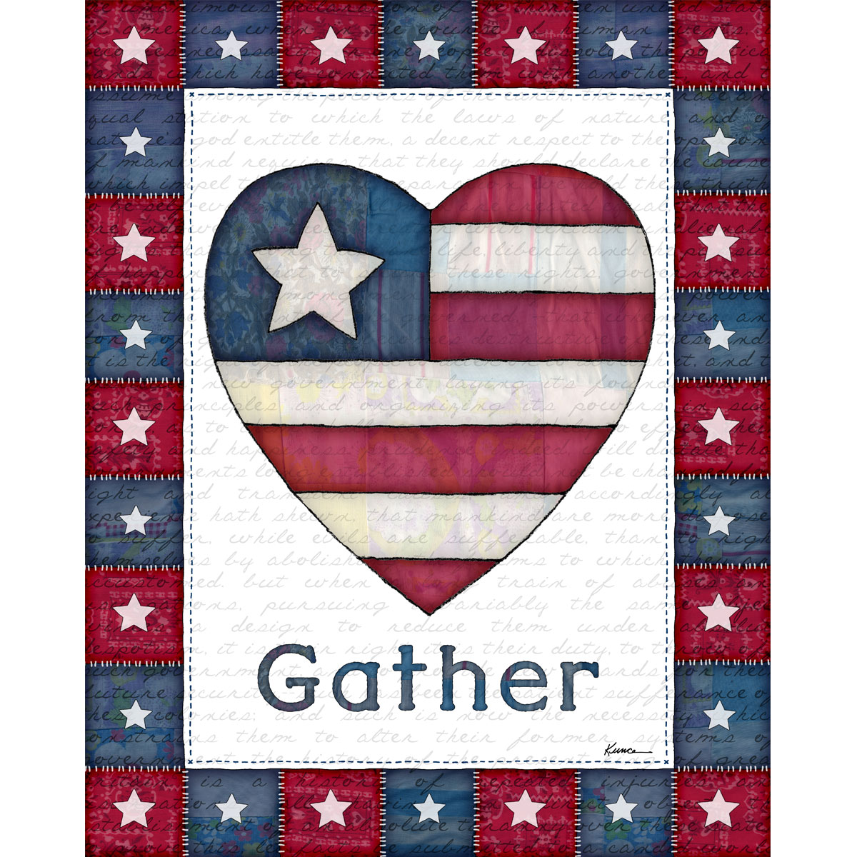 Patriotic Wall Art Printable - Gather Americana Heart with quilted stars and red white blue fabric texture.