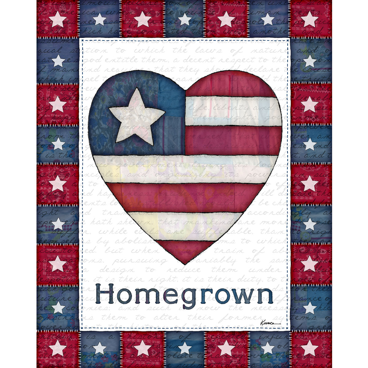 Patriotic Wall Art Printable - Homegrown Americana Heart with quilted stars and red white blue fabric texture.