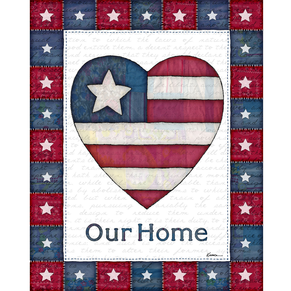 Patriotic Wall Art Printable - Our Home Americana Heart with quilted stars and red white blue fabric texture.