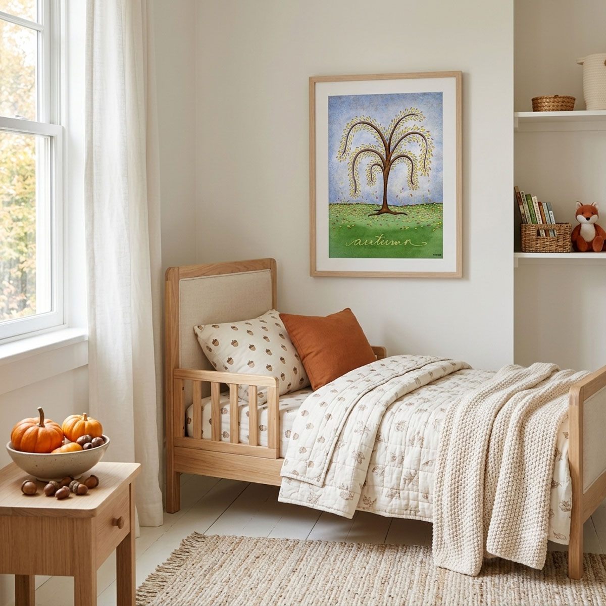 Printable autumn tree wall art featuring a watercolor tree with yellow and orange fall leaves dropping onto a green hill framed on a kids' room wall