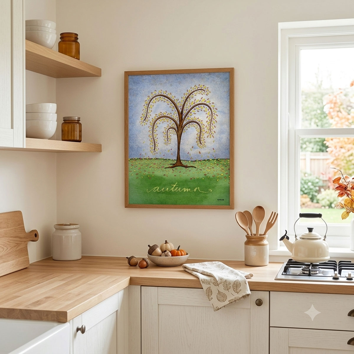 Printable autumn tree wall art featuring a watercolor tree with yellow and orange fall leaves dropping onto a green hill framed on a kitchen wall