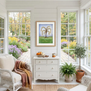 Printable autumn tree wall art featuring a watercolor tree with yellow and orange fall leaves dropping onto a green hill framed on a sunroom wall