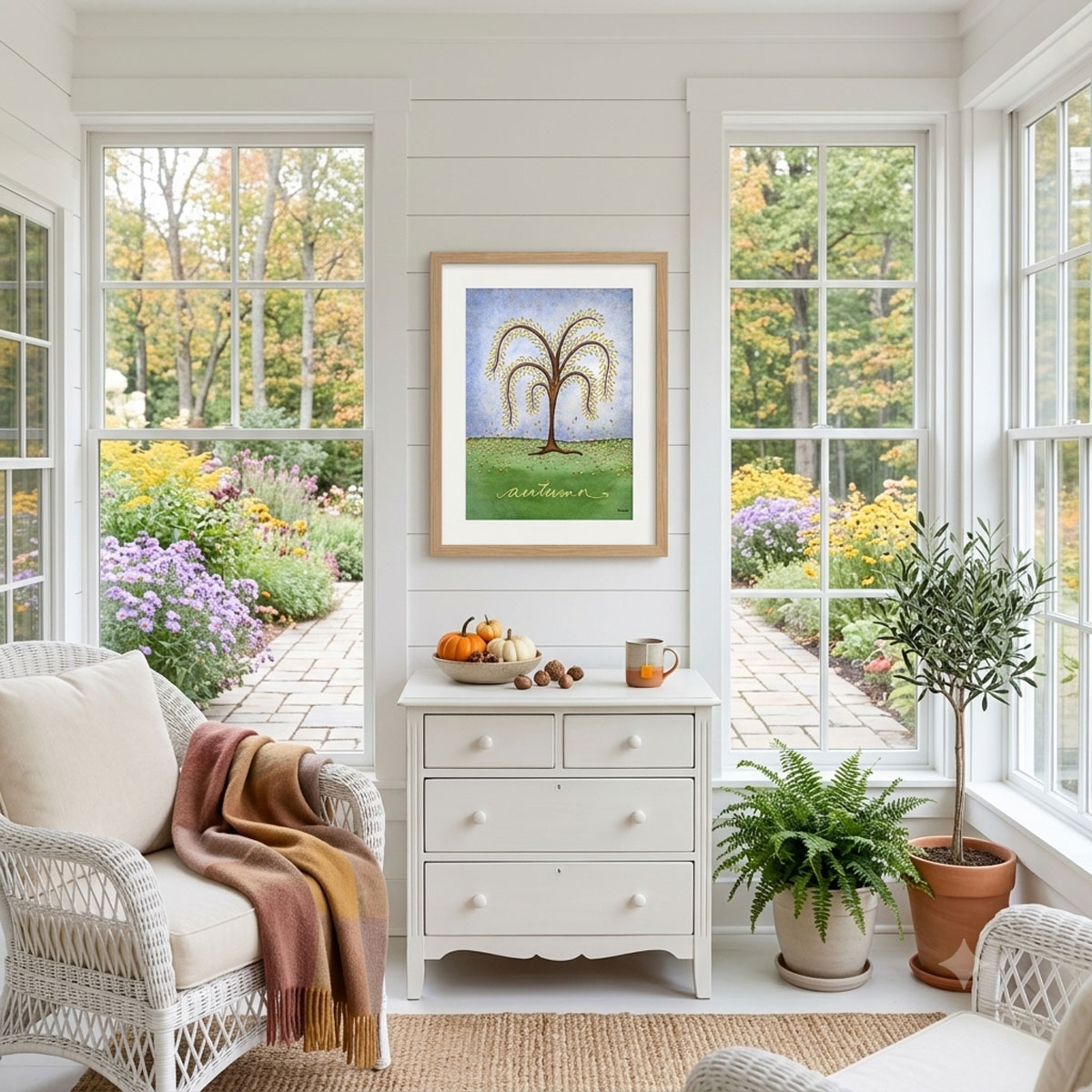 Printable autumn tree wall art featuring a watercolor tree with yellow and orange fall leaves dropping onto a green hill framed on a sunroom wall