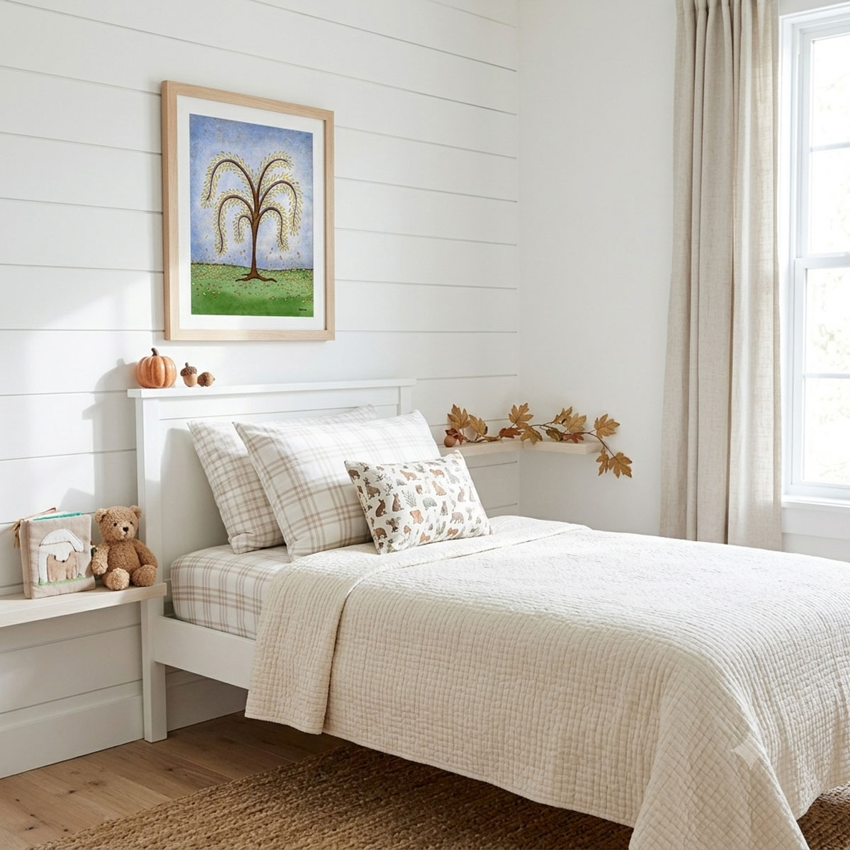 Printable autumn tree wall art with featuring a watercolor tree with yellow and orange fall leaves dropping onto a green hill framed on a bedroom wall