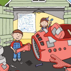 Illustration from "Edrick the Inventor: Spring is for Gardening" by Craig Kunce featuring young siblings building a digging machine
