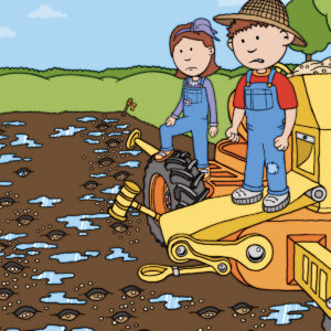 Illustration from "Edrick the Inventor: Spring is for Gardening" by Craig Kunce featuring young siblings looking distraught over the big muddy mess of their garden