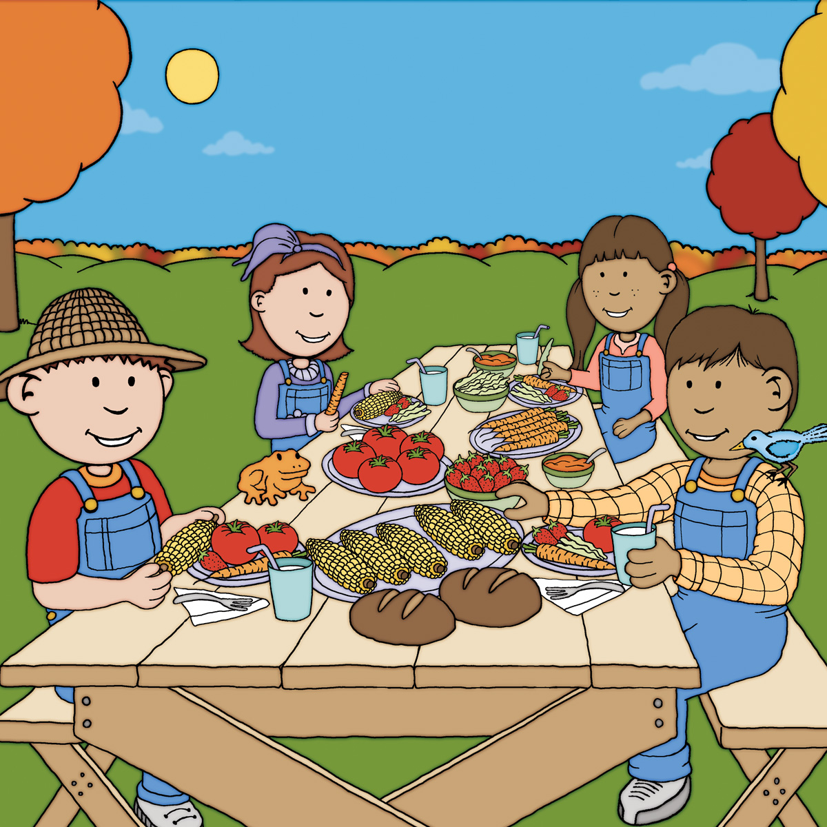 Illustration from "Edrick the Inventor: Spring is for Gardening" by Craig Kunce featuring four young children outside at a picnic table eating their harvest of foods