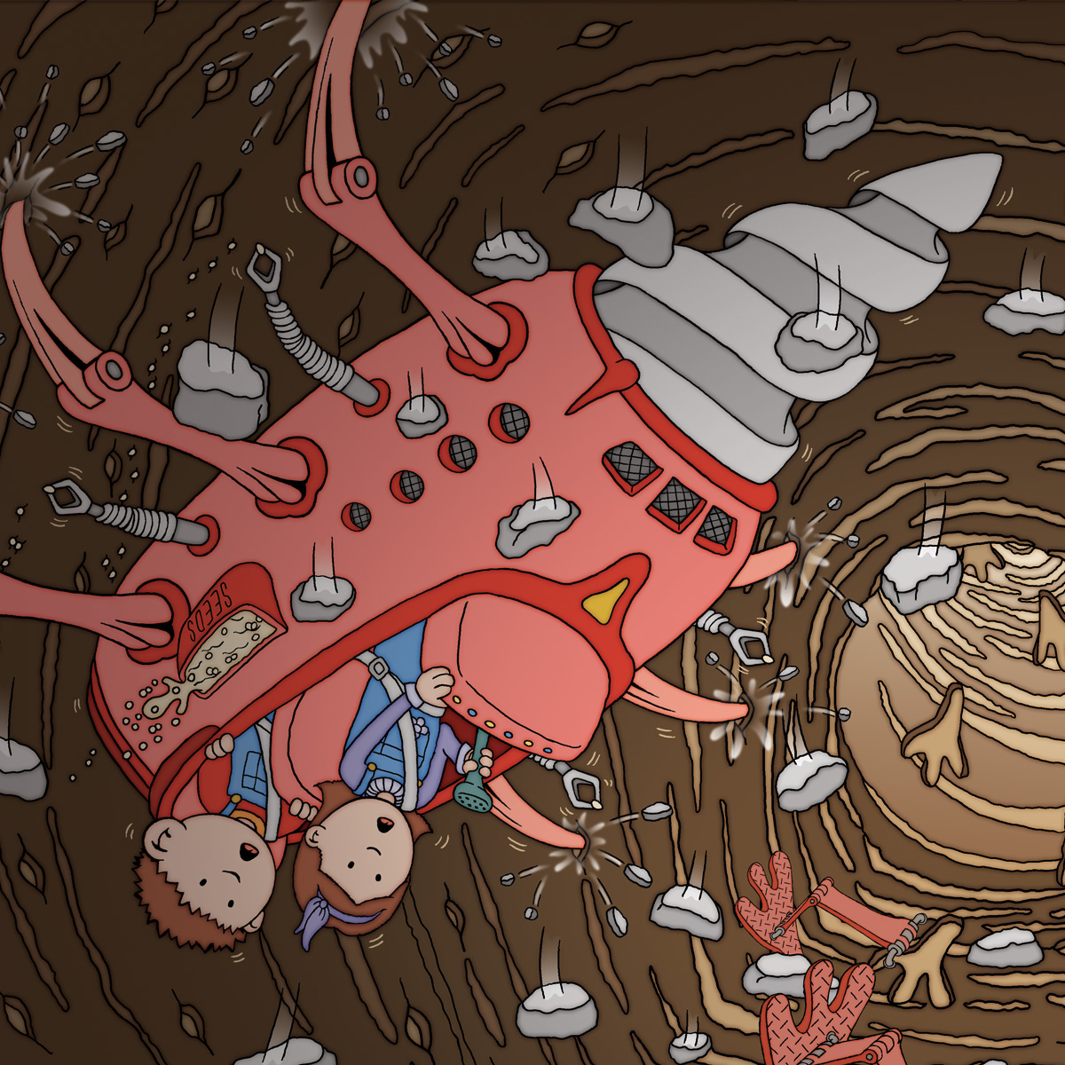 Illustration from "Edrick the Inventor: Spring is for Gardening" by Craig Kunce featuring two young siblings driving their digging machine in a collapsing tunnel underground