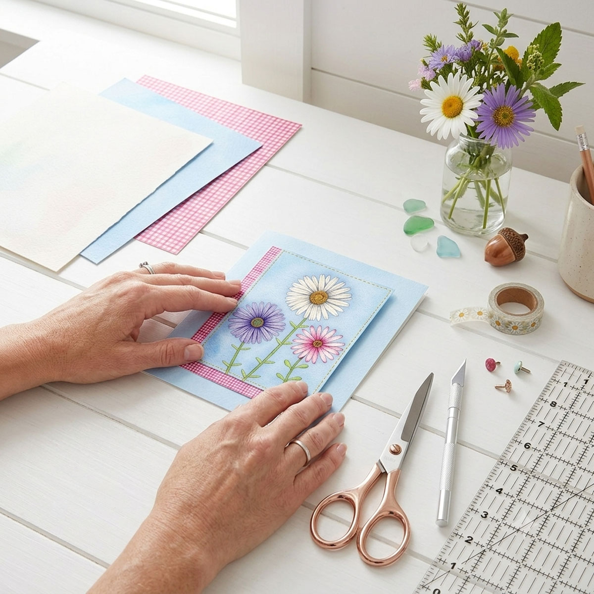 A mock-up photo of a room showing a framed print of a Trio of Daisies Floral Wall Art featuring white, purple, and pink flowers on a blue background with a pink gingham border.