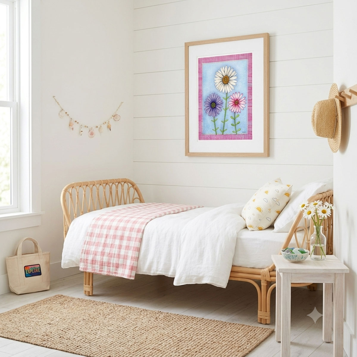 A mock-up photo of a room showing a framed print of a Trio of Daisies Floral Wall Art featuring white, purple, and pink flowers on a blue background with a pink gingham border.