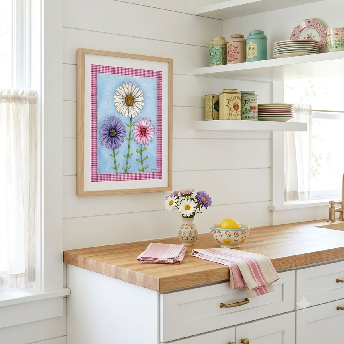 A mock-up photo of a room showing a framed print of a Trio of Daisies Floral Wall Art featuring white, purple, and pink flowers on a blue background with a pink gingham border.