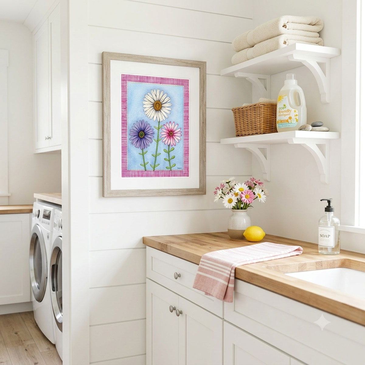 A mock-up photo of a room showing a framed print of a Trio of Daisies Floral Wall Art featuring white, purple, and pink flowers on a blue background with a pink gingham border.