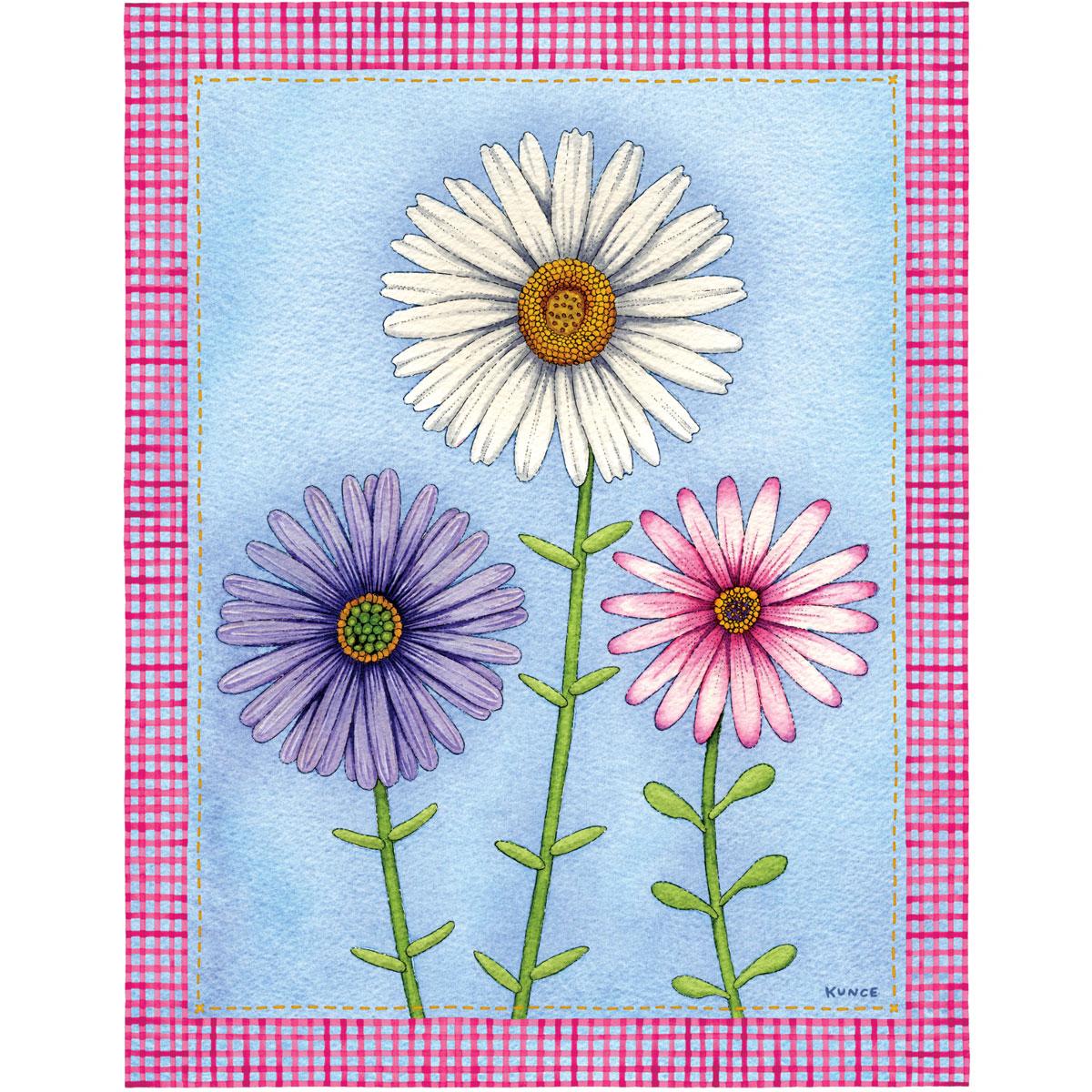 Trio of Daisies Floral Wall Art featuring white, purple, and pink flowers on a blue background with a pink gingham border.