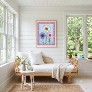 A mock-up photo of a room showing a framed print of a Trio of Daisies Floral Wall Art featuring white, purple, and pink flowers on a blue background with a pink gingham border.