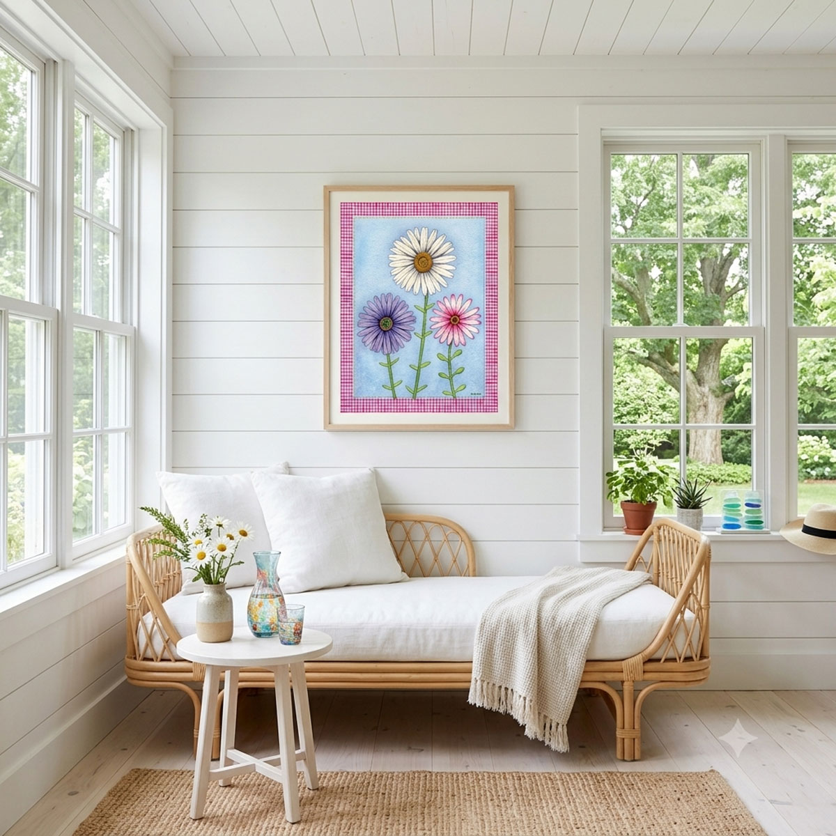 A mock-up photo of a room showing a framed print of a Trio of Daisies Floral Wall Art featuring white, purple, and pink flowers on a blue background with a pink gingham border.