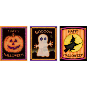 Vintage Halloween Wall Art Bundle featuring three handcrafted cottagecore folk art prints with quilted textures.