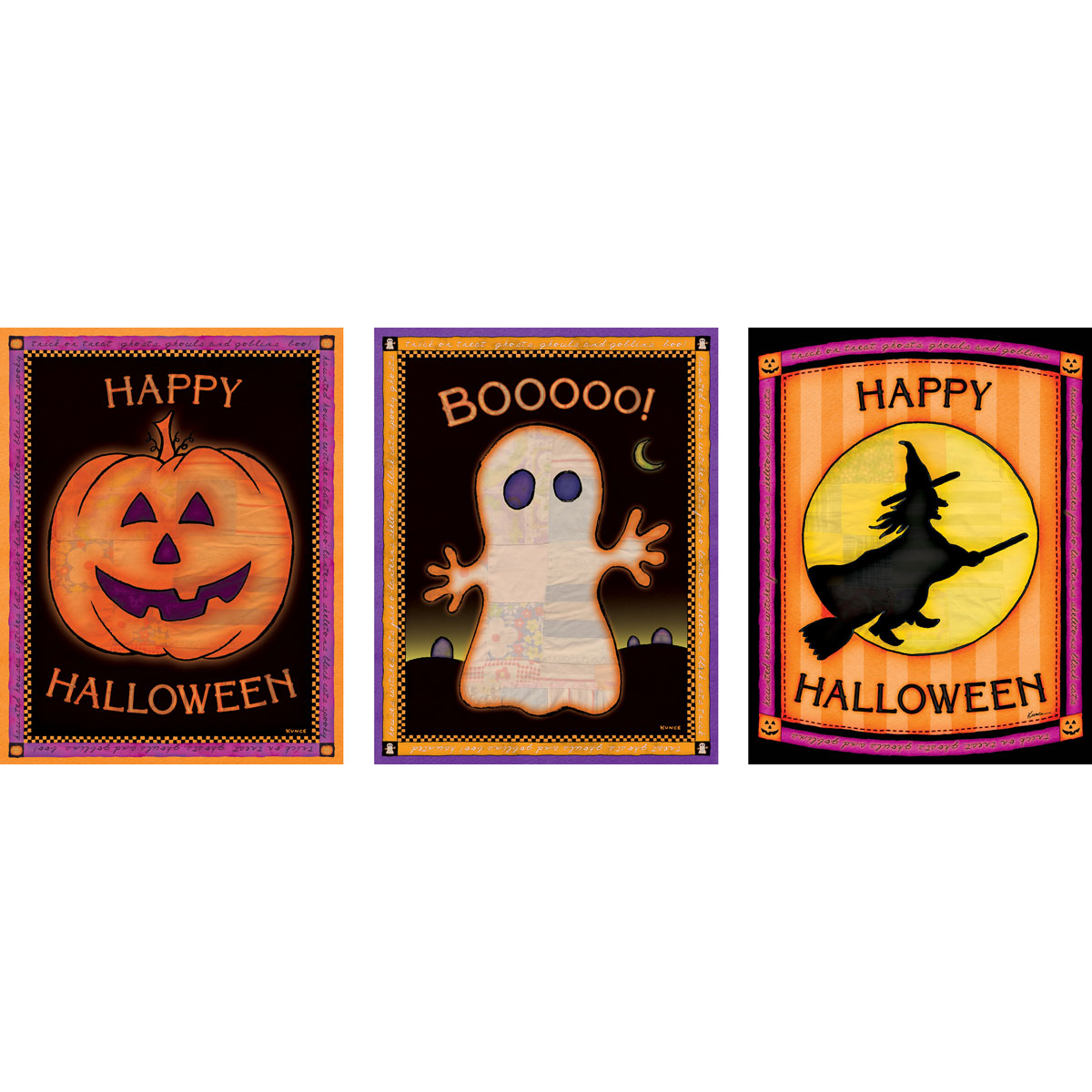 Vintage Halloween Wall Art Bundle featuring three handcrafted cottagecore folk art prints with quilted textures.