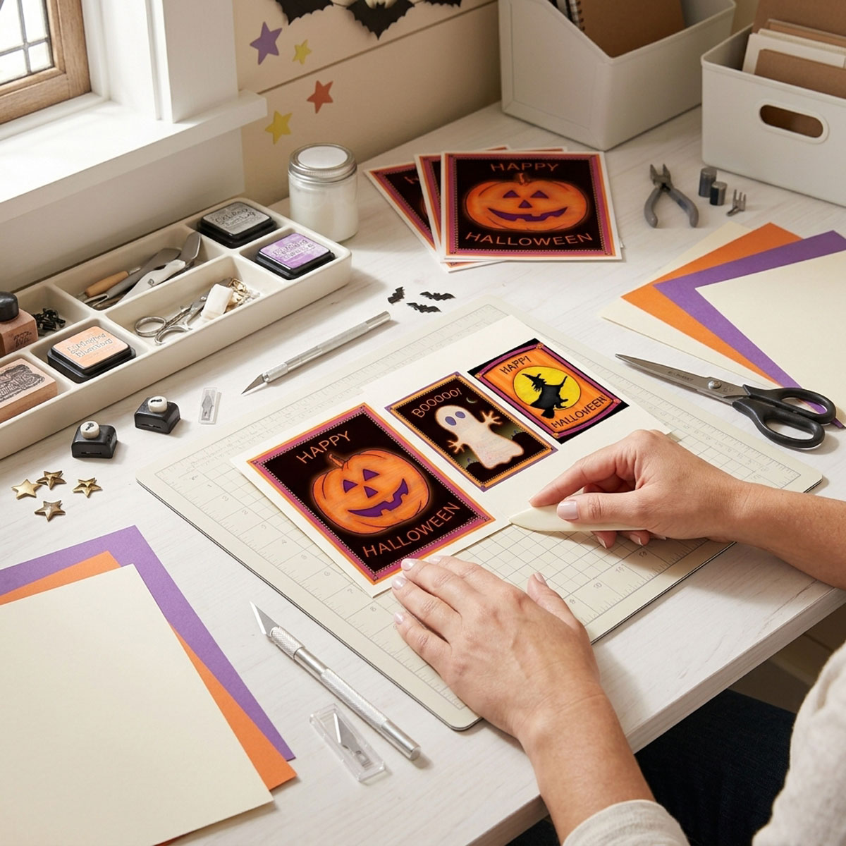 Vintage Halloween Wall Art Bundle featuring three handcrafted cottagecore folk art prints with quilted textures.