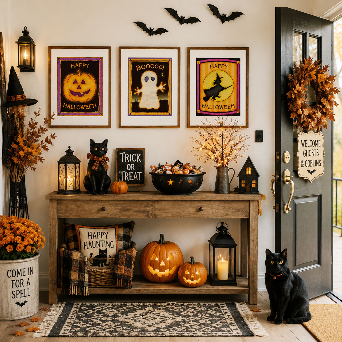 Vintage Halloween Wall Art Bundle featuring three handcrafted cottagecore folk art prints with quilted textures.