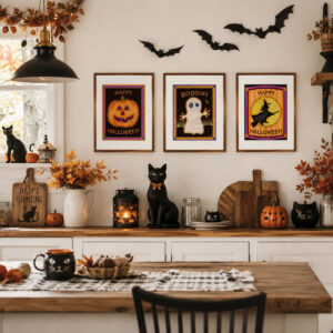 Vintage Halloween Wall Art Bundle featuring three handcrafted cottagecore folk art prints with quilted textures.