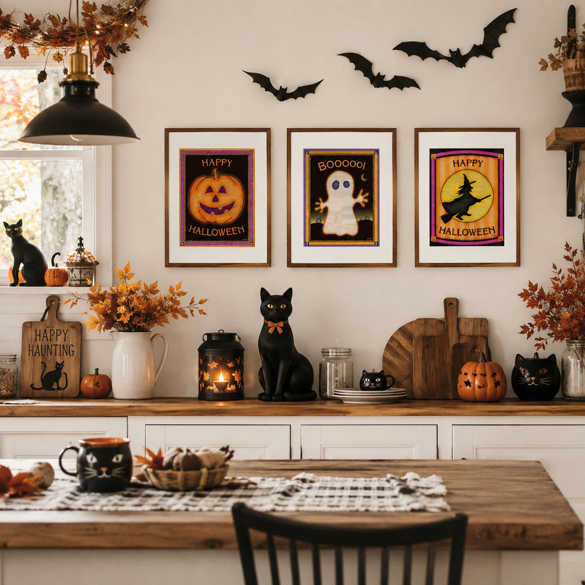 Vintage Halloween Wall Art Bundle featuring three handcrafted cottagecore folk art prints with quilted textures.