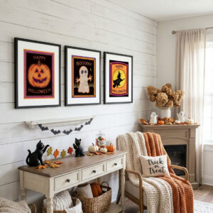 Vintage Halloween Wall Art Bundle featuring three handcrafted cottagecore folk art prints with quilted textures.