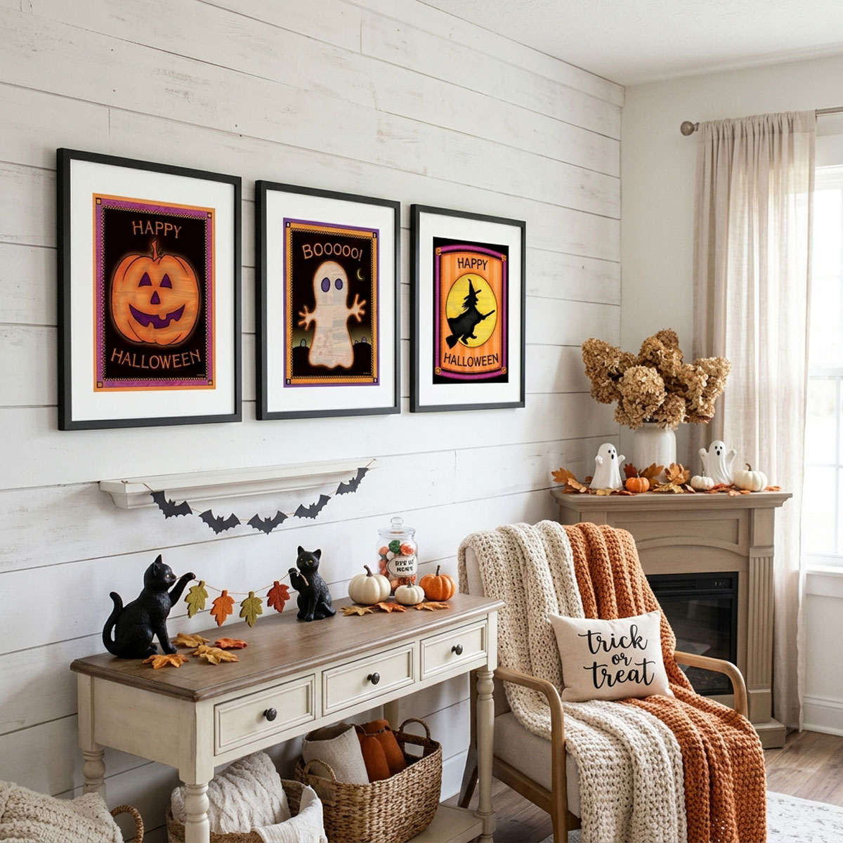 Vintage Halloween Wall Art Bundle featuring three handcrafted cottagecore folk art prints with quilted textures.