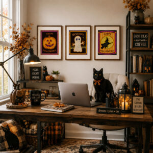 Vintage Halloween Wall Art Bundle featuring three handcrafted cottagecore folk art prints with quilted textures.