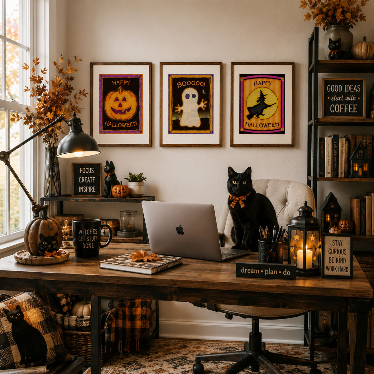Vintage Halloween Wall Art Bundle featuring three handcrafted cottagecore folk art prints with quilted textures.