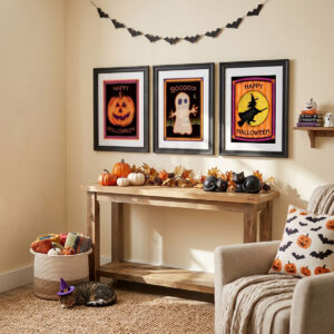 Vintage Halloween Wall Art Bundle featuring three handcrafted cottagecore folk art prints with quilted textures.