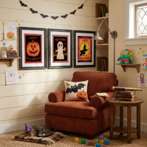 Vintage Halloween Wall Art Bundle featuring three handcrafted cottagecore folk art prints with quilted textures.