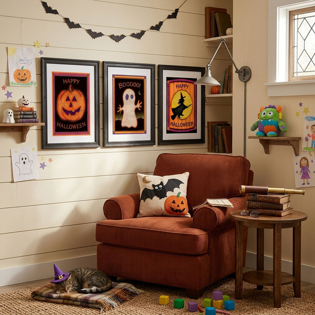 Vintage Halloween Wall Art Bundle featuring three handcrafted cottagecore folk art prints with quilted textures.