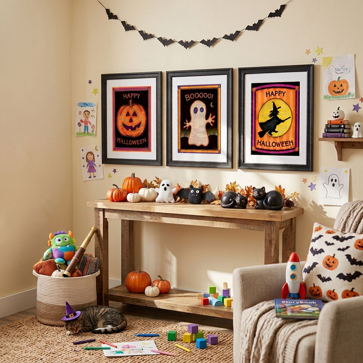 Vintage Halloween Wall Art Bundle featuring three handcrafted cottagecore folk art prints with quilted textures.