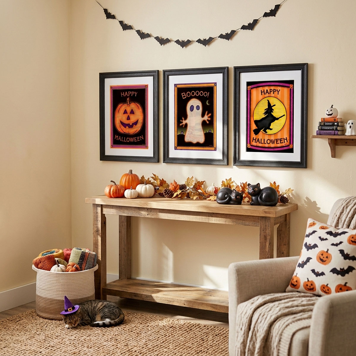 Vintage Halloween Wall Art Bundle featuring three handcrafted cottagecore folk art prints with quilted textures.