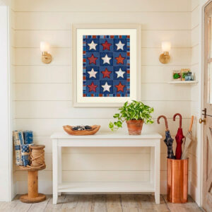 Vintage Quilt Star Print - Americana Stars & Stripes Art featuring twelve patchwork stars in rust and cream on navy.