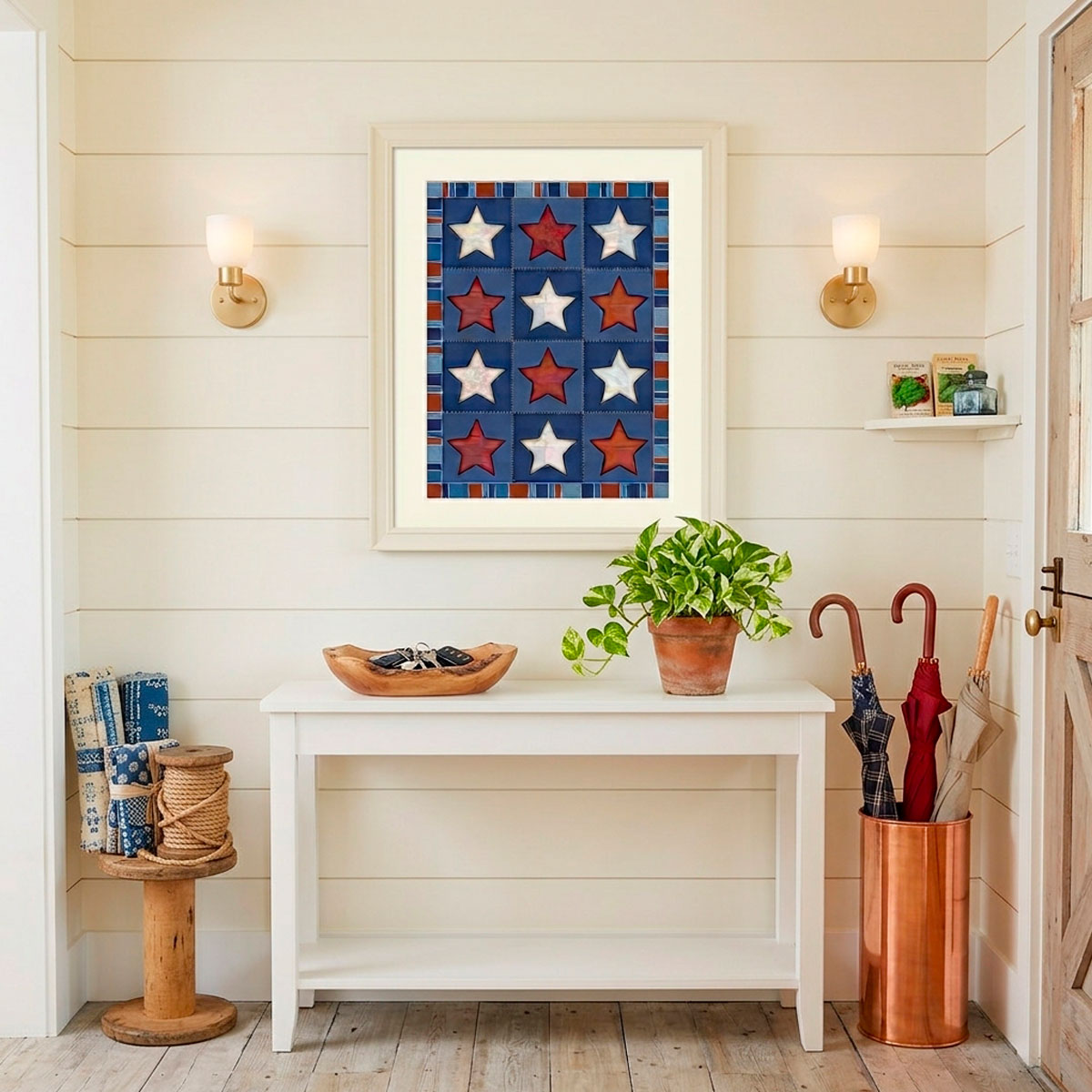 Vintage Quilt Star Print - Americana Stars & Stripes Art featuring twelve patchwork stars in rust and cream on navy.