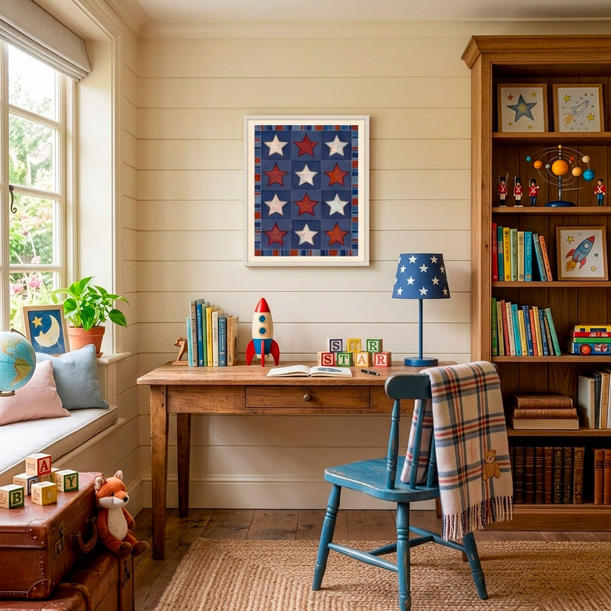 Vintage Quilt Star Print - Americana Stars & Stripes Art featuring twelve patchwork stars in rust and cream on navy.