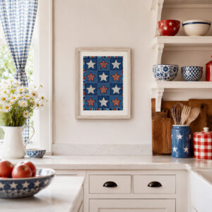 Vintage Quilt Star Print - Americana Stars & Stripes Art featuring twelve patchwork stars in rust and cream on navy.