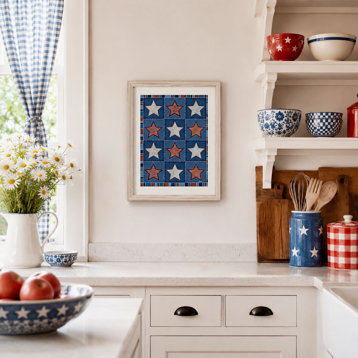 Vintage Quilt Star Print - Americana Stars & Stripes Art featuring twelve patchwork stars in rust and cream on navy.