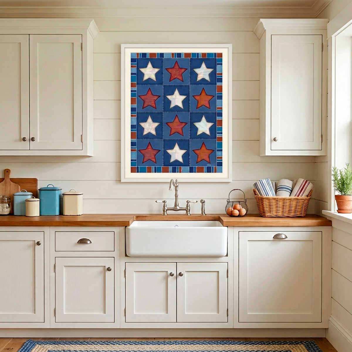 Vintage Quilt Star Print - Americana Stars & Stripes Art featuring twelve patchwork stars in rust and cream on navy.