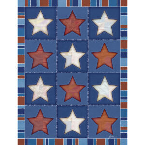 Vintage Quilt Star Print - Americana Stars & Stripes Art featuring twelve patchwork stars in rust and cream on navy.